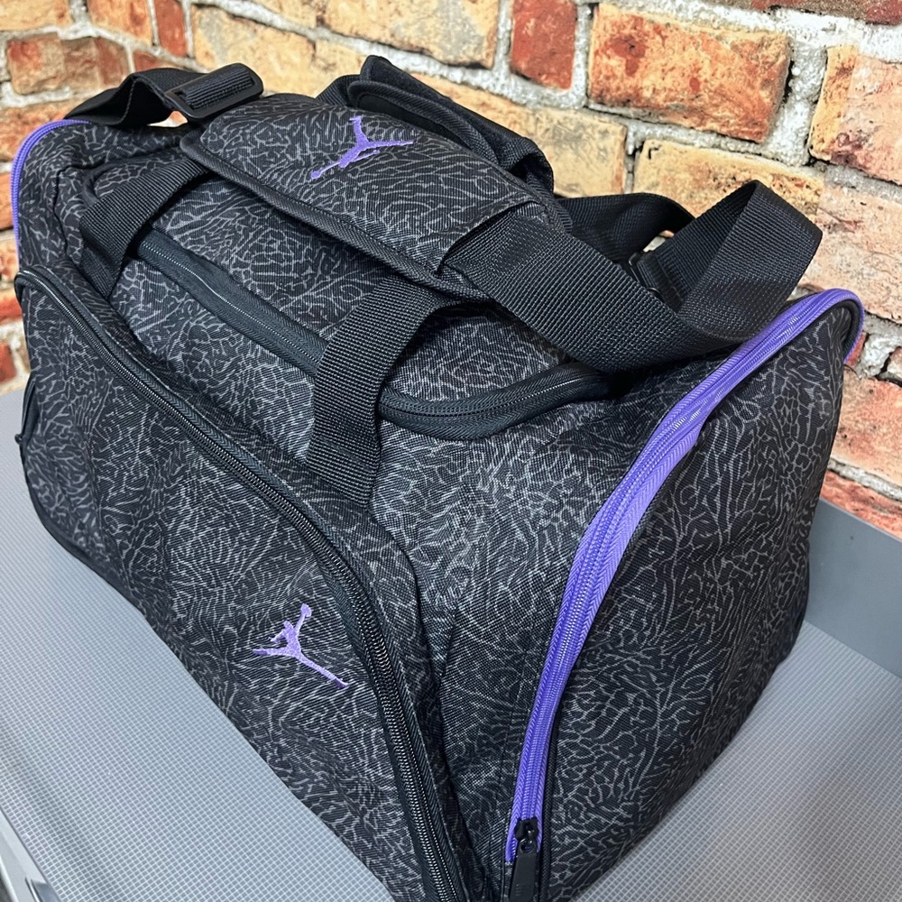 Jordan Black and Purple Graphic Duffel Bag